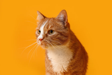 Funny red cat on yellow backgroundの写真素材