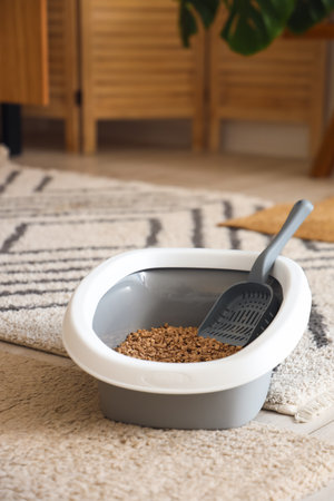 Litter box for cat on floor in roomの写真素材
