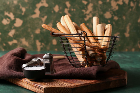 Basket with tasty Italian Grissini on tableの写真素材