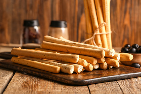 Board with tasty Italian Grissini on wooden backgroundの写真素材