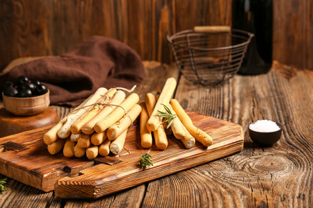 Board with tasty Italian Grissini on wooden backgroundの写真素材