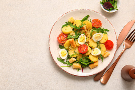 Plate of tasty potato salad with eggs and tomatoes on light background, top viewの写真素材