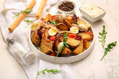 Plate of tasty potato salad with eggs, tomatoes and bacon on table