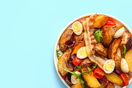 Plate of tasty potato salad with eggs, tomatoes and bacon on light blue background, top viewの写真素材