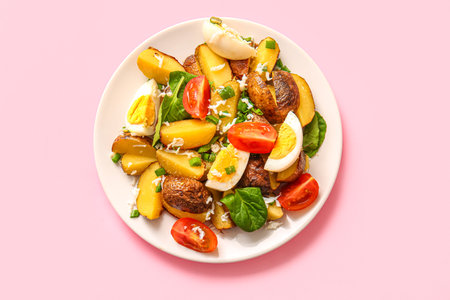 Plate of tasty potato salad on pink background, top viewの写真素材