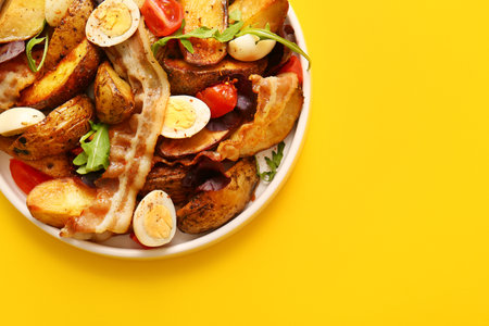 Plate of tasty potato salad with eggs, tomatoes and bacon on yellow background, top viewの写真素材