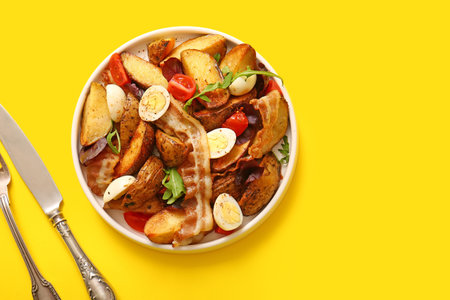 Plate of tasty potato salad with eggs, tomatoes and bacon on yellow background, top viewの写真素材