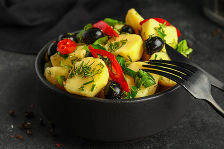Bowl of tasty Potato Salad with vegetables on dark background, closeupの写真素材