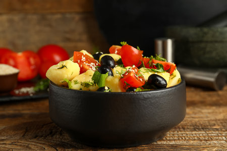 Bowl of tasty Potato Salad with vegetables on wooden backgroundの写真素材