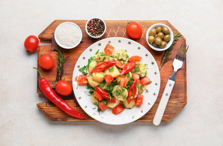 Plate of tasty Potato Salad with vegetables and ingredients on light backgroundの写真素材