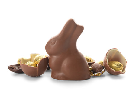 Chocolate Easter eggs and bunny isolated on white backgroundの写真素材