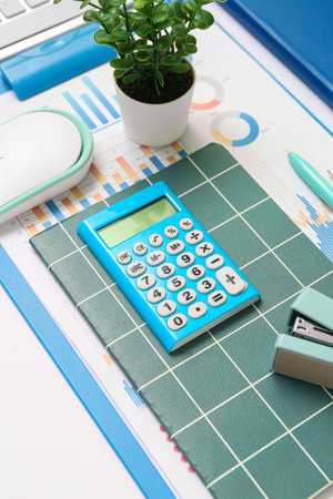 Composition with notepad, calculator, documents and plant on light background