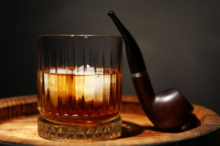Wooden barrel with glass of cold rum and smoking pipe on dark backgroundの写真素材