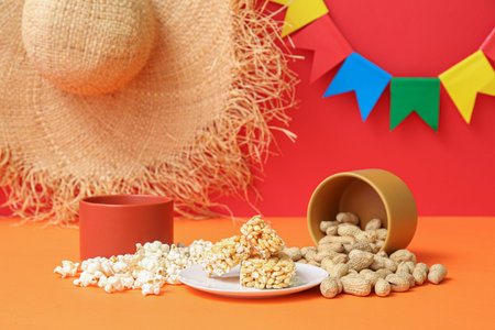 Traditional food for Festa Junina (June Festival) on red table