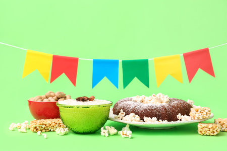 Traditional food with flags for Festa Junina (June Festival) on green background