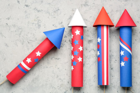 Firework rockets for Independence Day on grunge backgroundの写真素材