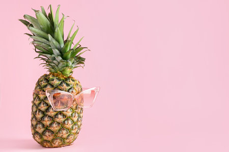 Fresh ripe pineapple with sunglasses on pink backgroundの写真素材
