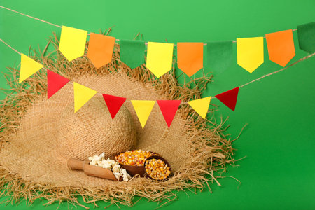 Bowls with scoop of popcorn, straw hat and flags on green background. Festa Junina (June Festival)...