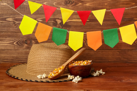 Spoon with bowl of corn, straw hat and flags on wooden background
