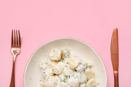 Plate of tasty Potato Salad with greens on pink background, closeupの写真素材