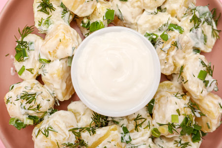 Tasty Potato Salad with greens and sour cream on plate, closeupの写真素材