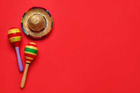 Mexican maracas with sombrero hat on red backgroundの写真素材
