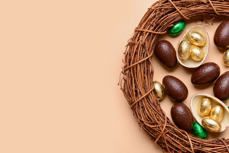 Wreath with chocolate Easter eggs on beige backgroundの写真素材
