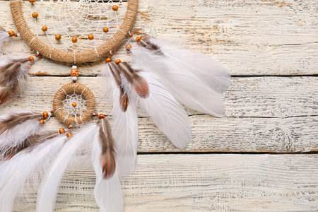 Dream catcher on white wooden backgroundの写真素材