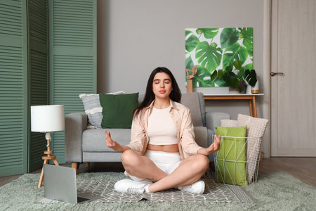 Young woman meditating with laptop at homeの写真素材
