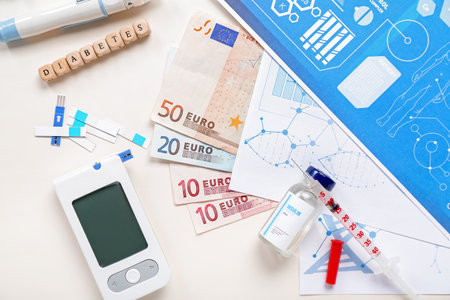 Word DIABETES with medical supplies on beige background. Expensive medicine conceptの写真素材