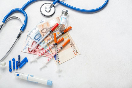 Medical supplies for patient with diabetes and money on white background. Expensive medicine conceptの写真素材