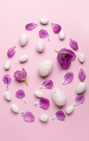 Easter eggs with tulips on pink backgroundの写真素材