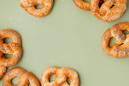 Tasty pretzels on green background
