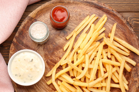 Tray with tasty french fries, sauces and salt on wooden background