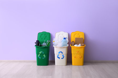 Containers with different types of garbage near lilac wall. Recycling conceptの写真素材