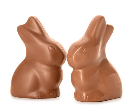 Chocolate Easter bunnies isolated on white backgroundの写真素材