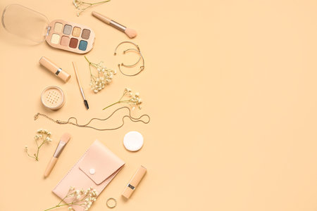 Female accessories with flowers on beige backgroundの写真素材