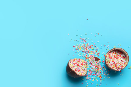 Cracked chocolate Easter egg with sprinkles on blue backgroundの写真素材
