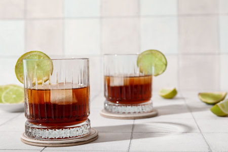 Glasses of cold rum with lime on white tile backgroundの写真素材