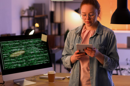 Female programmer working with tablet computer in office at nightの写真素材