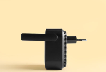 Black WiFi repeater on gray backgroundの写真素材