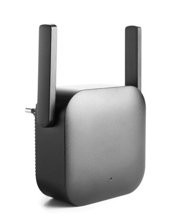 Black WiFi repeater isolated on white backgroundの写真素材
