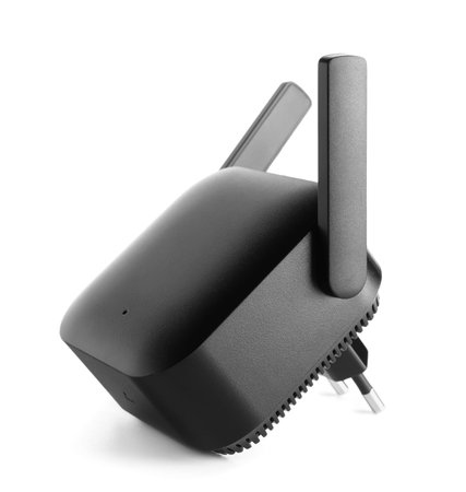 Black WiFi repeater isolated on white background