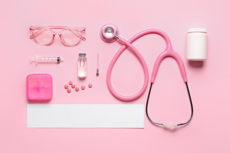 Composition with blank sheet of paper, medicines, stethoscope and eyeglasses on pink background. melanoma conceptの写真素材