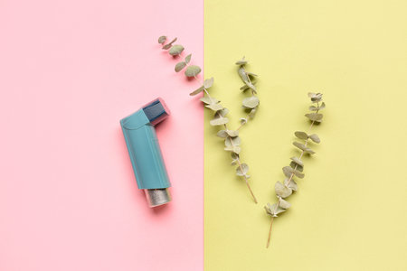 Asthma inhaler with eucalyptus branches on color backgroundの写真素材