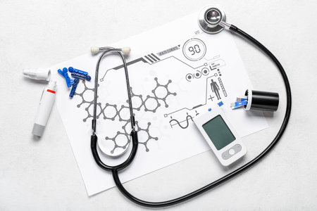 Medical supplies for patient with diabetes on white backgroundの写真素材