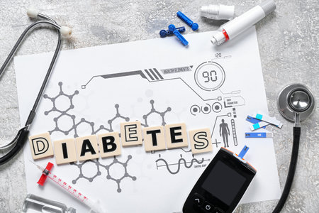 Word DIABETES with medical supplies on grunge backgroundの写真素材