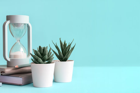 Artificial plants with hourglass and books on blue background