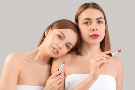 Young women with lipsticks on gray background, closeupの写真素材