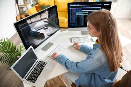 Female programmer working with computer at table in officeの写真素材